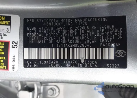 2021 Toyota Camry Se from USA, damaged, VIN 4T1G11AK3MU528045